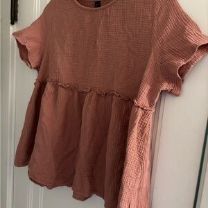 Textured Ruffle Babydoll Top - Terracotta Pink